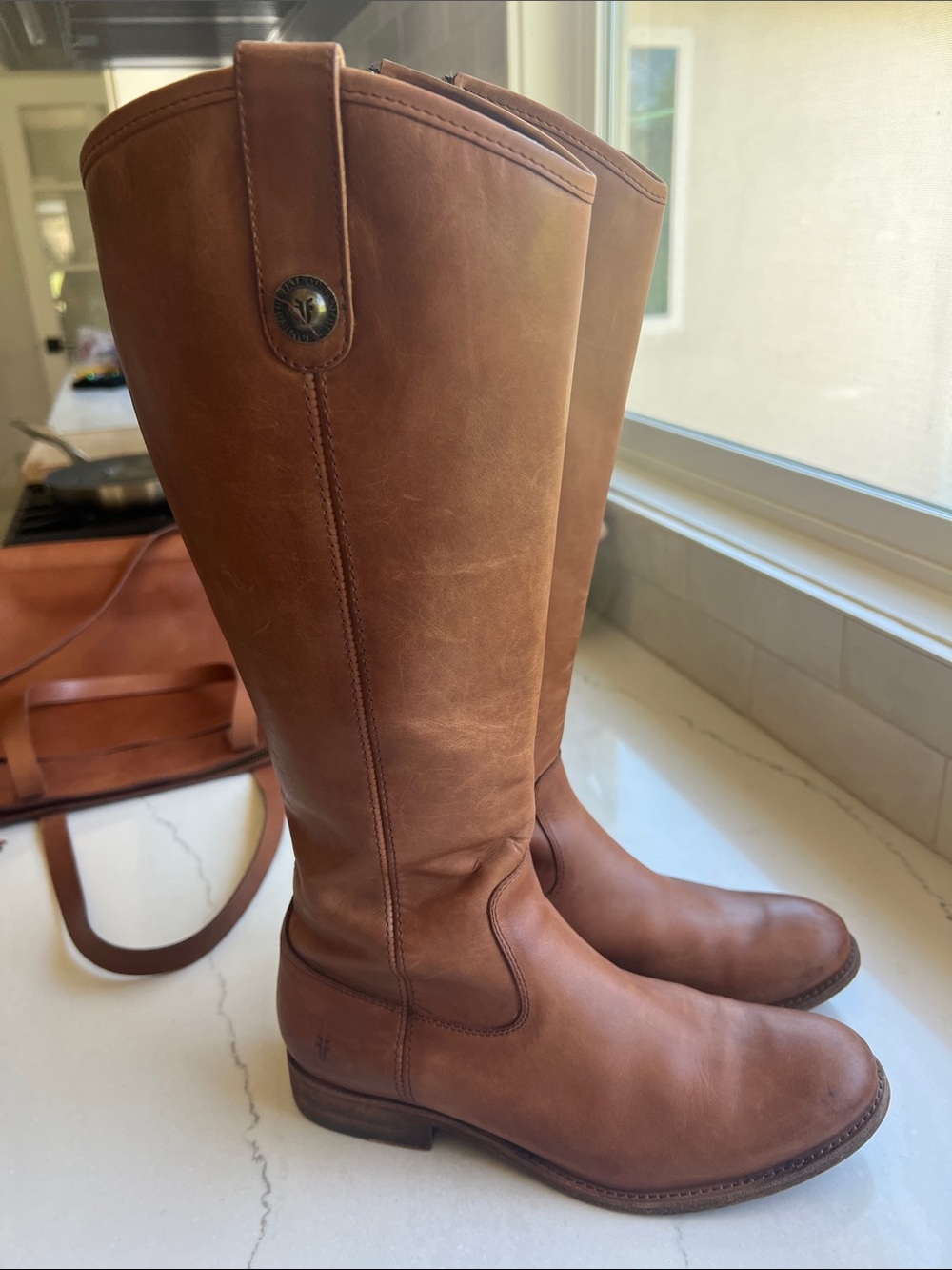 Frye Melissa women's cognac Brown Leather Knee-High Boots inside zipper